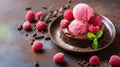 Double scoop of strawberry and chocolate ice cream on a plate, adorned with raspberries, chocolate shavings and mint Royalty Free Stock Photo