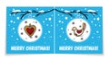 Double sided holiday card with Christmas balls on snowy branch.Christmas ball with heart, bird.Holiday winter background Royalty Free Stock Photo