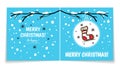 Double sided holiday card with Christmas balls on snowy branch. Illustration with gingerbread sock. Winter background