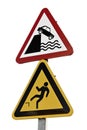 Double signage, risk of falling on the water with the car and danger of falling warning sign. Isolated with clipping path Royalty Free Stock Photo