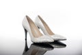 Double silver white pointed high heels shiny geometric shaped woman shoes Royalty Free Stock Photo