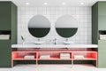 Double sink in green and white tiled bathroom