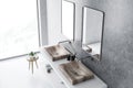 Double sink top view, concrete bathroom, mirrors