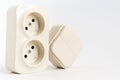 double socket and two-key light switch on white background.