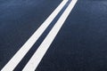 Double solid white line on wet asphalt. Royalty Free Stock Photo