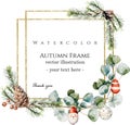 Double square brilliant golden frames withspruce, fir, cedar branches, eucalyptus, pine cones, winter berries, christmas toys. Royalty Free Stock Photo