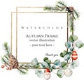 Double square golden frames withspruce, fir, cedar branches, eucalyptus, pine cones, winter berries, christmas toys. Royalty Free Stock Photo