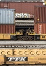 St. Louis, Missouri, United States-circa 2018-double stack container freight train well cars on railroad tracks in trainyard