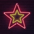 Double Star neon sign. Vector realistic neon star on brick wall. Royalty Free Stock Photo