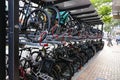 Double storey bike rack in city. Efficient storage and environmentally friendly. Wellington New Zealand 4th March 2019