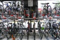 Double storey bike rack in city. Efficient storage and environmentally friendly. Wellington New Zealand 4th March 2019