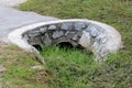 Double storm drain concrete pipes going under paved road ending in stone built pool partially covered with uncut grass Royalty Free Stock Photo