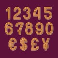 Double stripe style numbers with currency signs of American dollar, euro, British pound, Japanese yen. Vector symbols Royalty Free Stock Photo