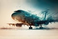 double take off into air of jet airliner automobile at airport in snow plane flights double exposure Royalty Free Stock Photo