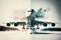 double take off into air of jet airliner automobile at airport in snow plane flights double exposure Royalty Free Stock Photo