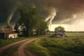 double tornadoes twisting across a rural landscape