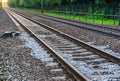 Double train railway tracks vanishing in the horizon transport or travel background Royalty Free Stock Photo