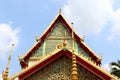 Double triangle shape of native Thai art church\'s gable and sky.