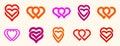 Double two hearts vector icons or logos set, wedding and couple concept romantic theme, care and togetherness, two linked hearts