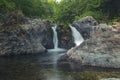 A double waterfall in the woods. Taiga, mountain stream. Royalty Free Stock Photo