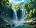 A double waterfals landscape scene - AI generated image