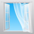 Double window with fluttering curtain