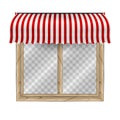 Double window frame, striped awning canopy. Vector illustration. Wooden window with transparent background behind glass