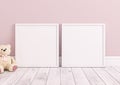 Double 10x10 white Frame mockup on white wooden floor witn a teddy bear and pink wall