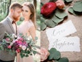 Doubled picture of attractive wedding couple and name cards