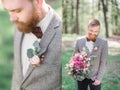 Doubled picture of handsome bearded groom