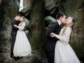 Doubled picture of newlyweds kissing among the rocks