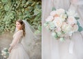 Doubled picture of pretty old-fashioned bride with pastel bouquet