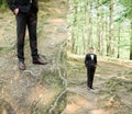 Doubled picture of stylish groom posing in the wood