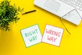 Doubt concept.. Right and wrong way icons on work desk from above Royalty Free Stock Photo