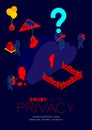 Doubt data privacy problem concept, man pictogram question mark head sitting, isometric cloud storage and barrier among hacker