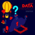 Doubt data privacy problem concept, man pictogram question mark head sitting, isometric cloud storage and barrier among hacker