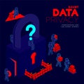 Doubt data privacy problem concept, man pictogram question mark head sitting, isometric Lock and barrier among hacker steals data