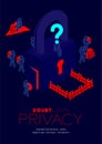 Doubt data privacy problem concept, man pictogram question mark head sitting, isometric Lock and barrier among hacker steals data