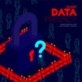 Doubt data privacy problem concept, man pictogram question mark head sitting, isometric Lock and barrier among people and social