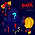 Doubt data privacy problem concept, man pictogram question mark head sitting, isometric Lock and pole traffic barrier among hacker