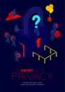 Doubt data privacy problem concept, man pictogram question mark head sitting, isometric Lock and pole traffic barrier among hacker