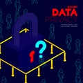 Doubt data privacy problem concept, man pictogram question mark head sitting, isometric Lock and pole traffic barrier among people