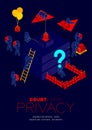 Doubt data privacy problem concept, man pictogram question mark head sitting, isometric storage hard disk and barrier among hacker