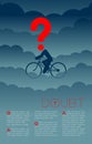 Doubt man and bicycle with Question mark icon pictogram blue and red, Social issues: Pollution PM 2.5 concept template layout