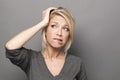 Doubt and worry concept for anxious 20s blond woman Royalty Free Stock Photo