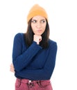 Doubt young woman looking to side, thinking with frowned face expression, isolated on white background