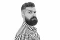 Doubtful expression. Wait what. Man serious face raising eyebrow not confident. Have some doubts. Hipster bearded face Royalty Free Stock Photo