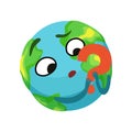 Doubting Earth planet character holding red question mark, cute globe with face and hands vector Illustration