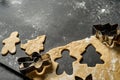 Dough and bakeware of gingerbread on a dark background with copy space Royalty Free Stock Photo