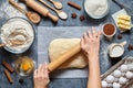 Dough bread, pizza or pie recipe preparation. Female baker hands rolling with pin.